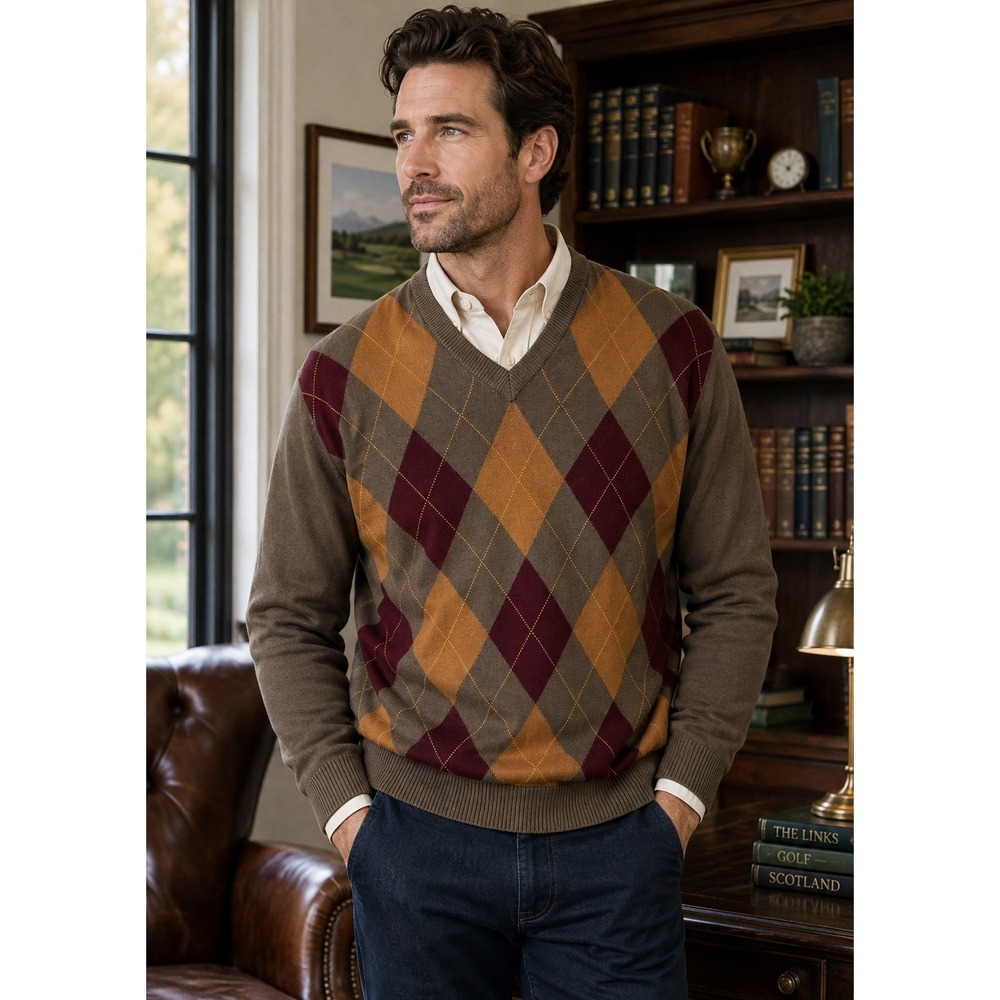 Lyle & Scott Mens Argyle V-Neck Sweater Brown Cotton Knit Medium KN001V